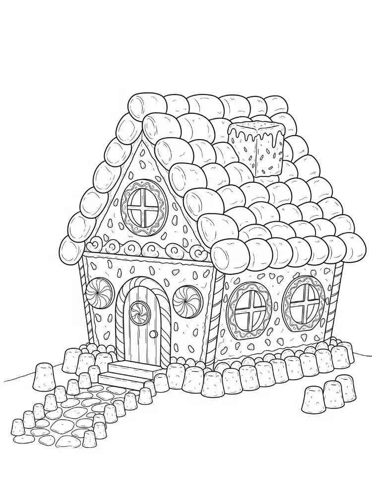 Kleurplaat Huis 18 snoephuisje van peperkoek en lekkernijen kleurplaat