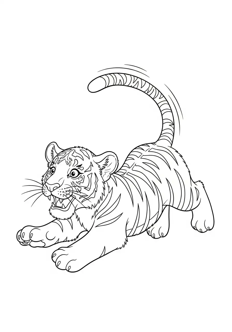 speelse tijgerwelp valt aan kleurplaat