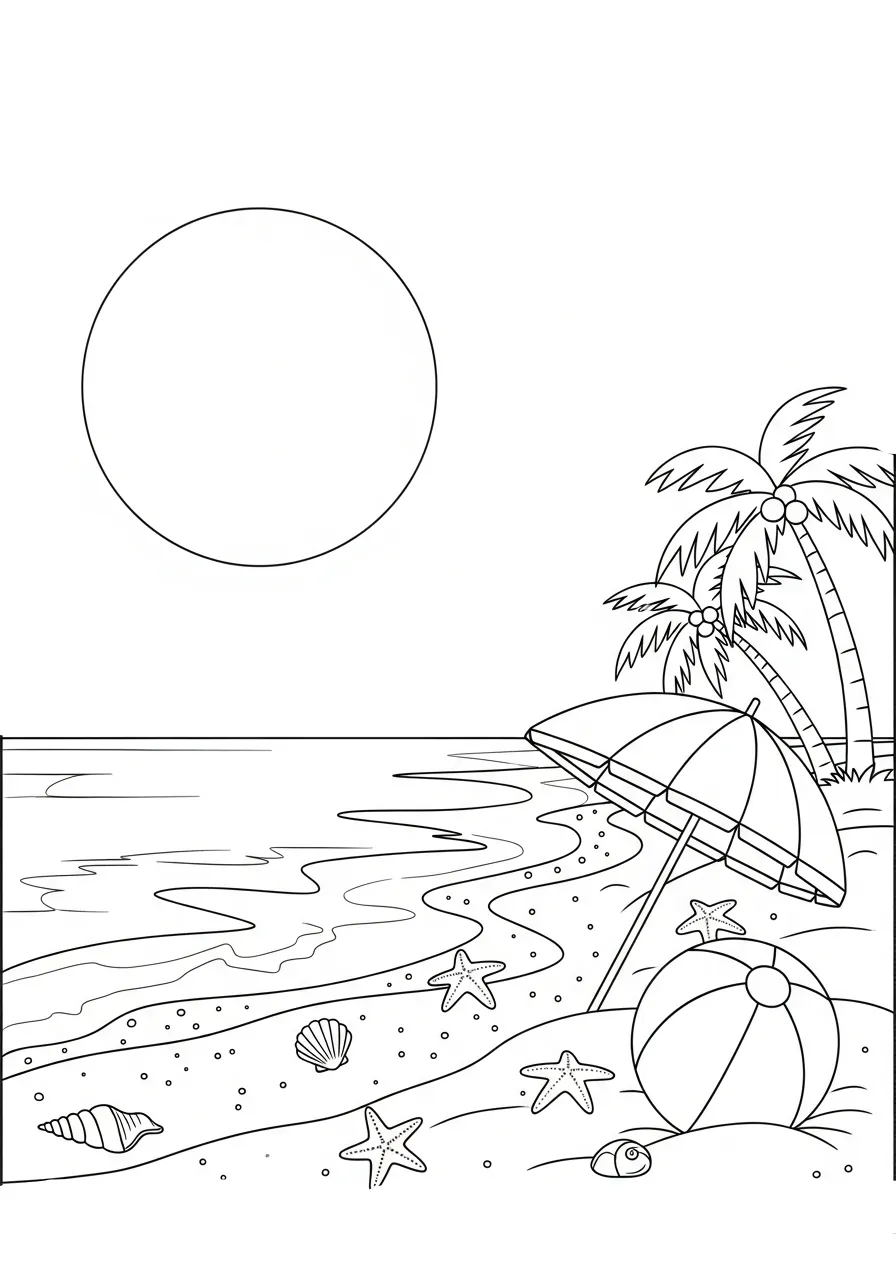 speelstrand met zee strandbal en zeesterren voor kinderen Kleurplaat