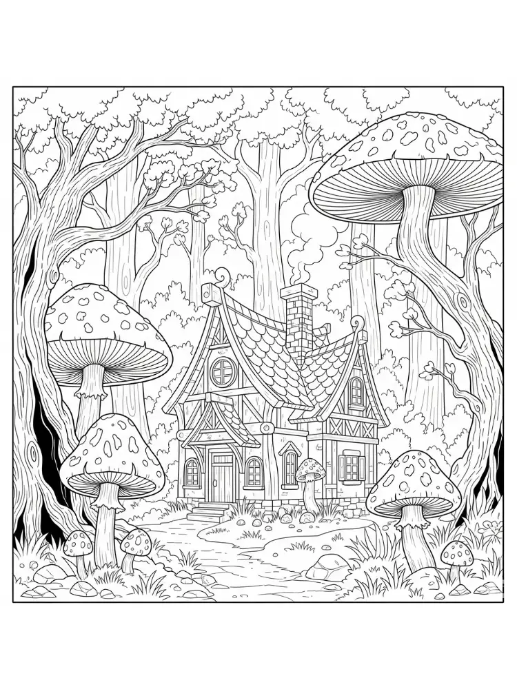 Kleurplaat Huis 17 sprookjesachtig boshuis met paddenstoelen kleurplaat