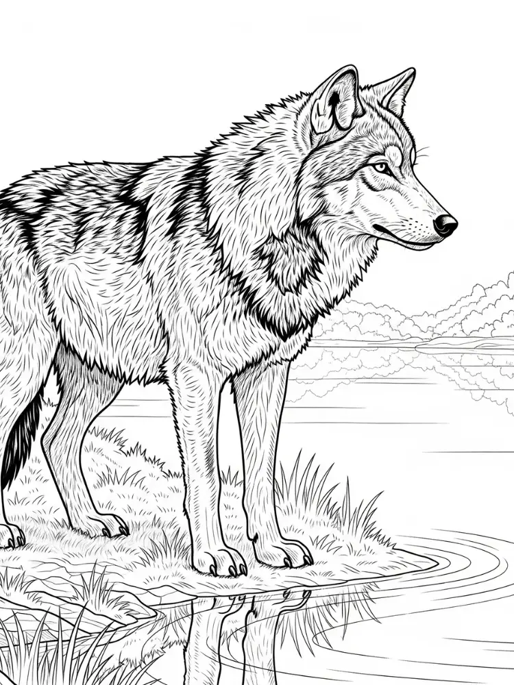 Wolf kleurplaat 23 staande wolf bij meer kleurplaat