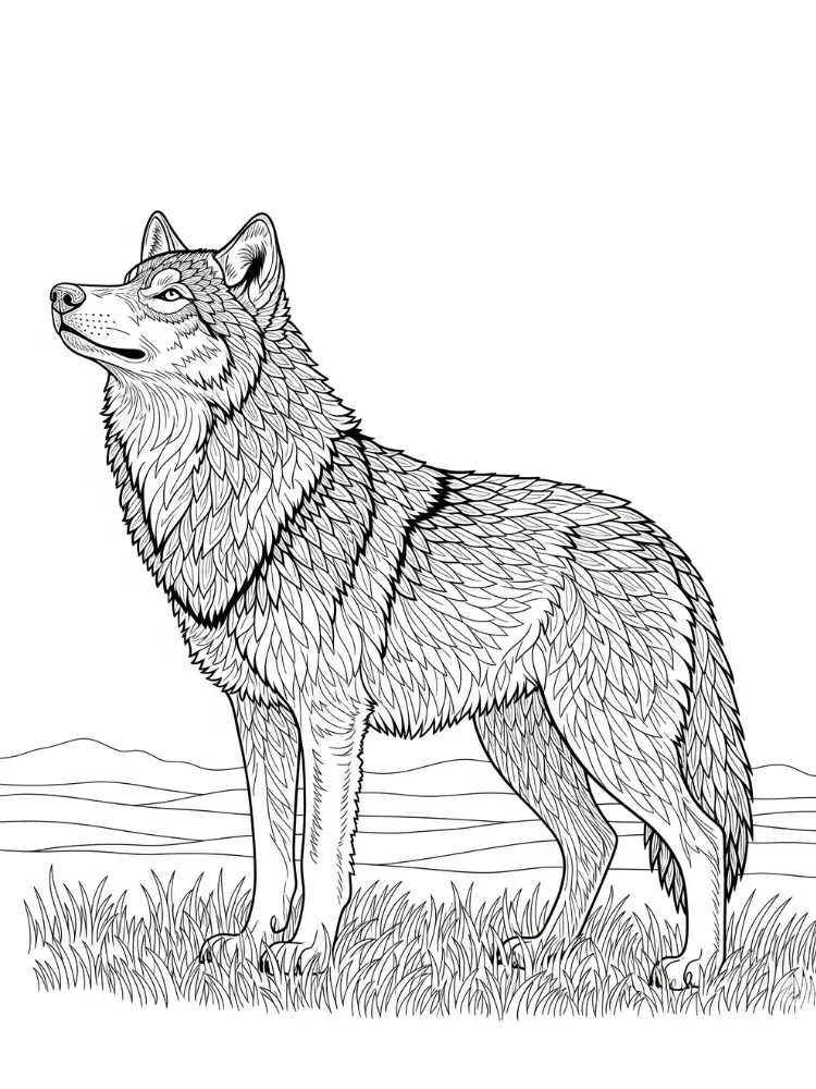 Wolf kleurplaat 22 staande wolf met gedetailleerde vacht kleurplaat
