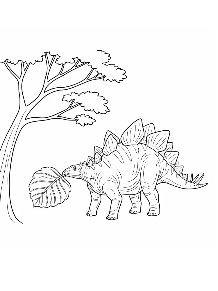 Kleurplaat Stegosaurus 25 stegosaurus eet bladeren onder boom kleurplaat