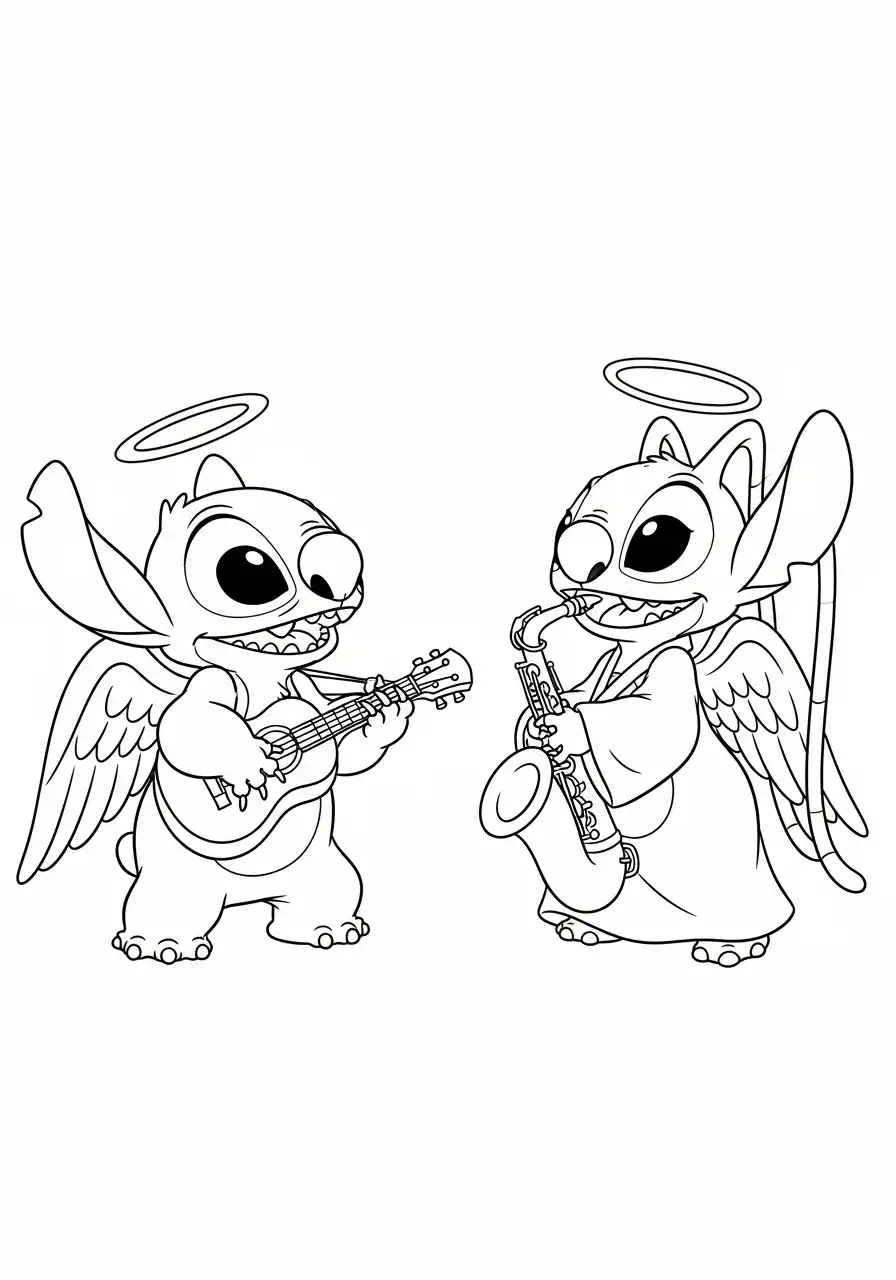 Kleurplaat stitch en angel 9 stitch angel muzikaal engeltjes kleurplaat