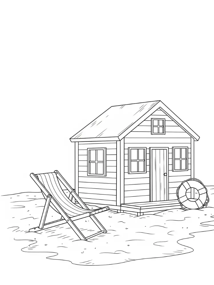 Kleurplaat Huis 15 strandhuis met ligstoel en reddingsboei kleurplaat