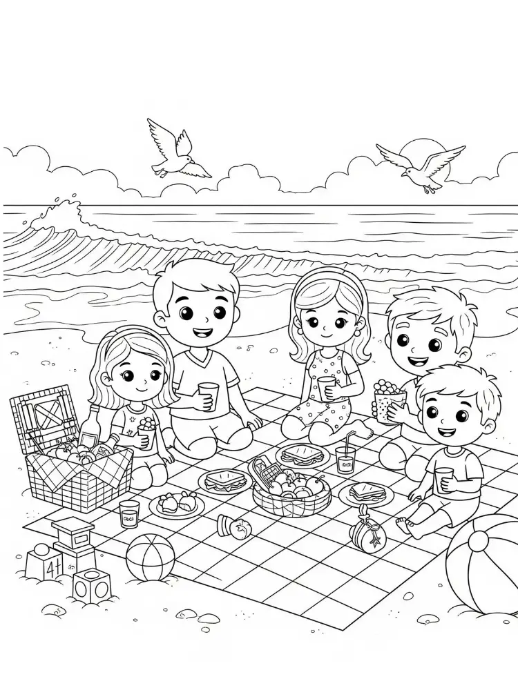 Kleurplaat van Strand 21 strandpicknick met kinderen en golfen kleurplaat