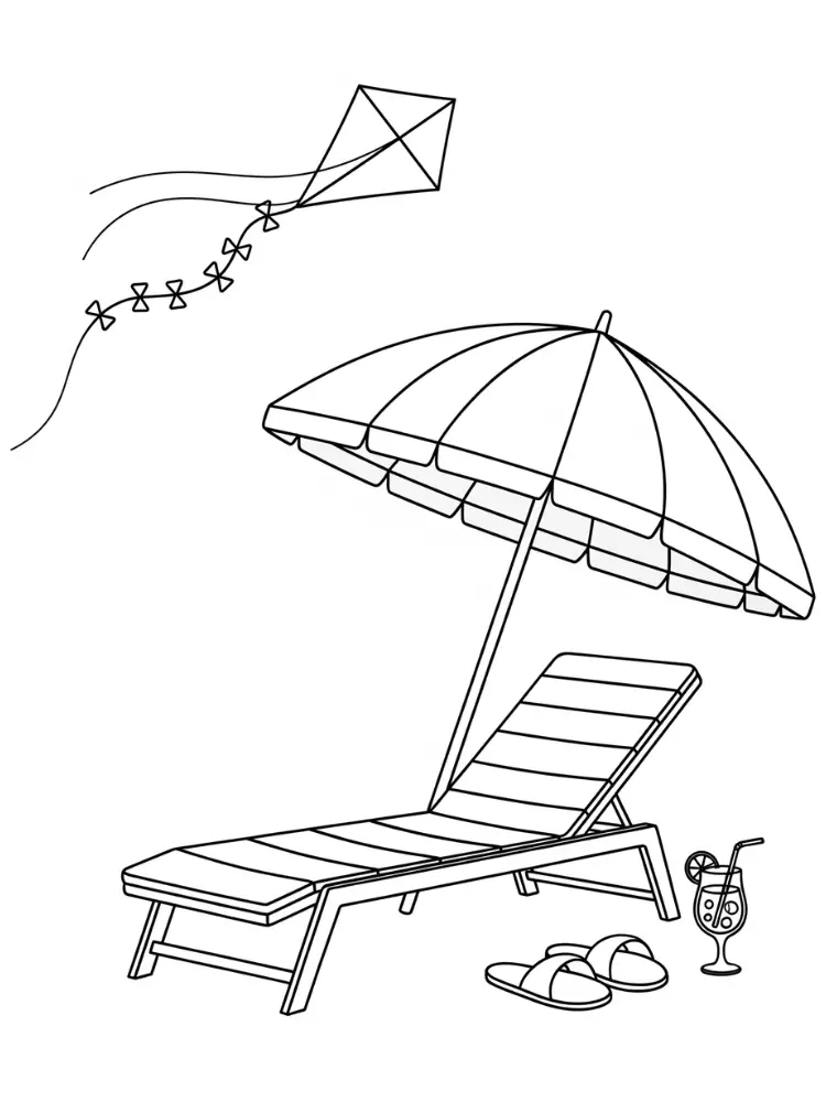 Kleurplaat van Strand 20 strandstoel met parasol en vlieger kleurplaat