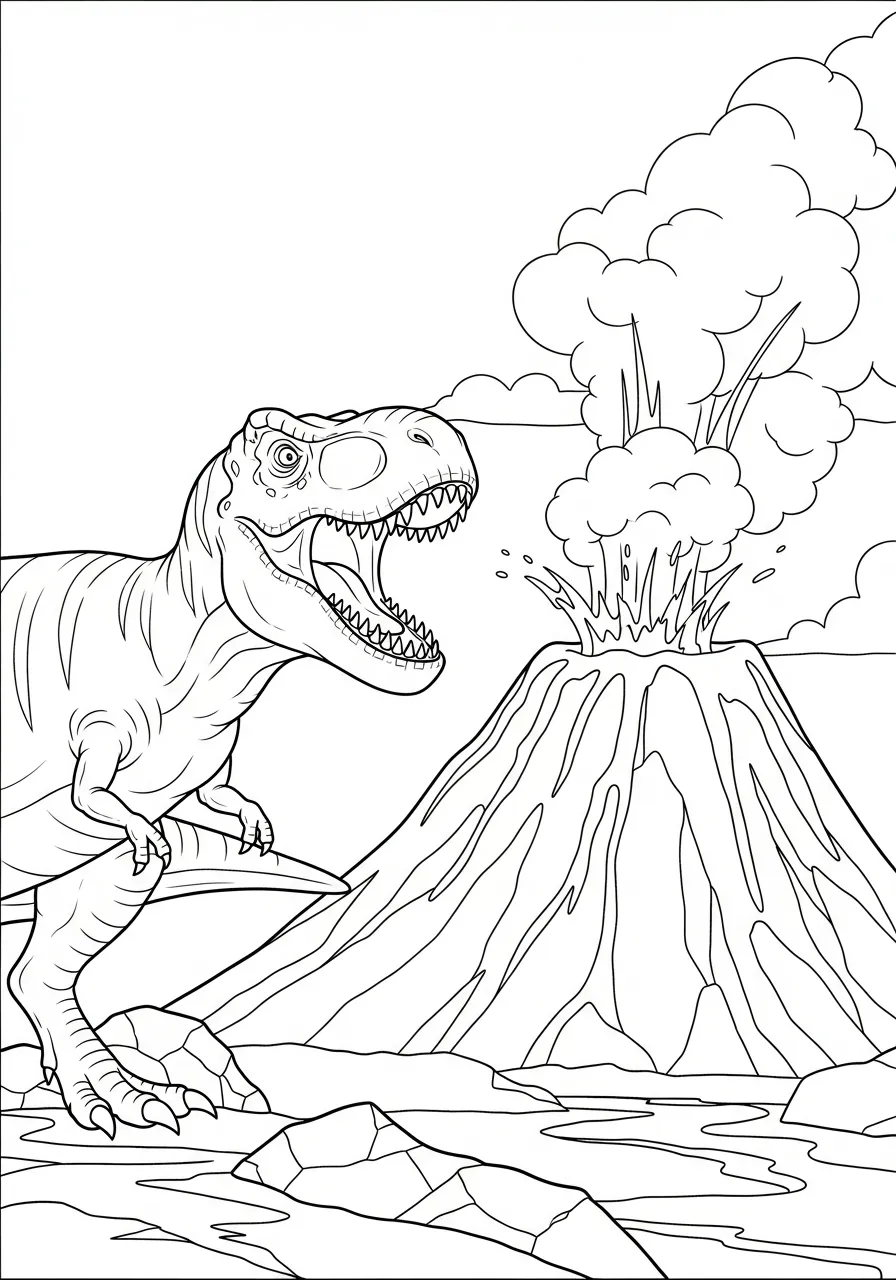 T-Rex kleurplaat 9 t rex bij de vulkanische uitbarsting kleurplaat