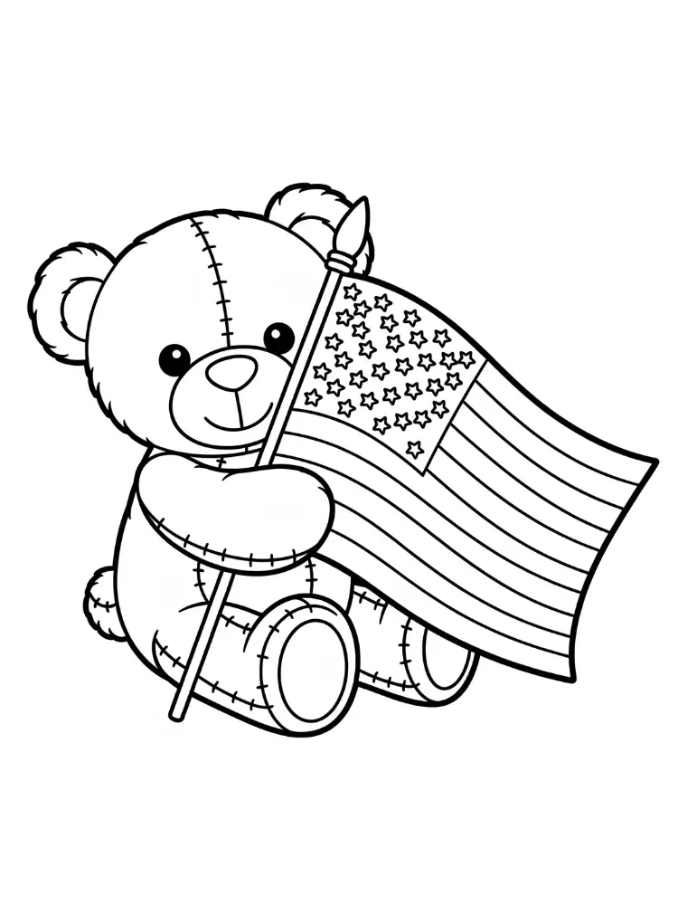 4th of July kleurplaat 17 teddybeer met vlag kleurplaat