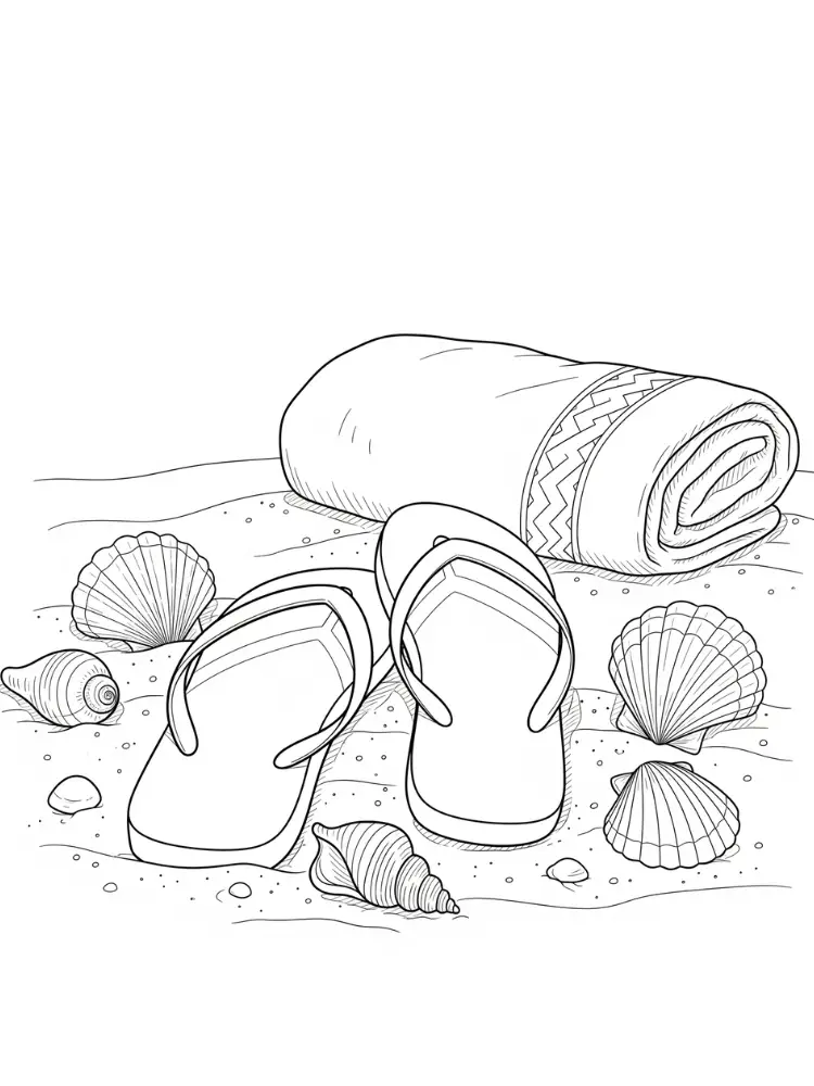 Kleurplaat Slippers 17 teenslippers en strandhanddoek kleurplaat
