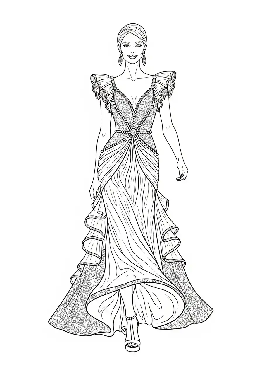 Topmodel kleurplaat 8 topmodel avondjurk ruches kleurplaat