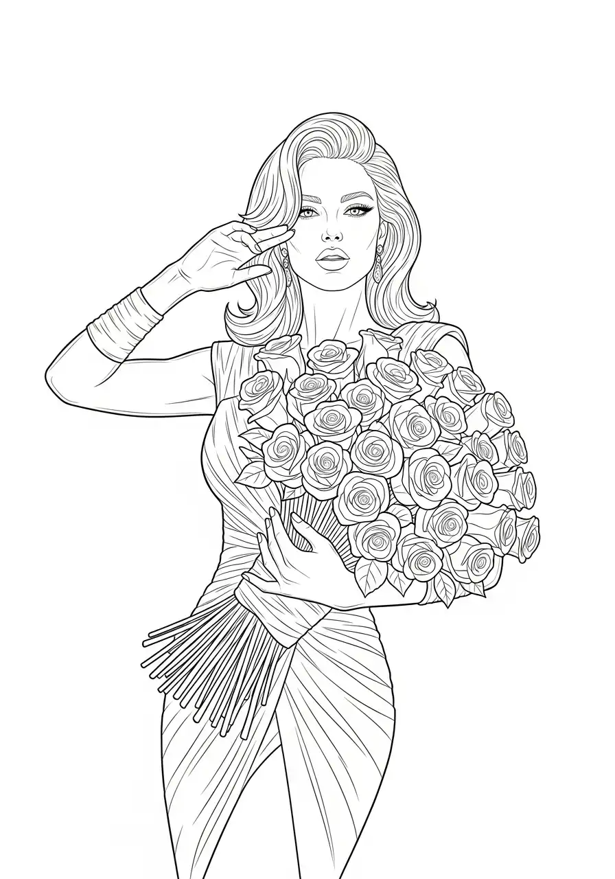 Topmodel kleurplaat 10 topmodel met rozenboeket glamour kleurplaat