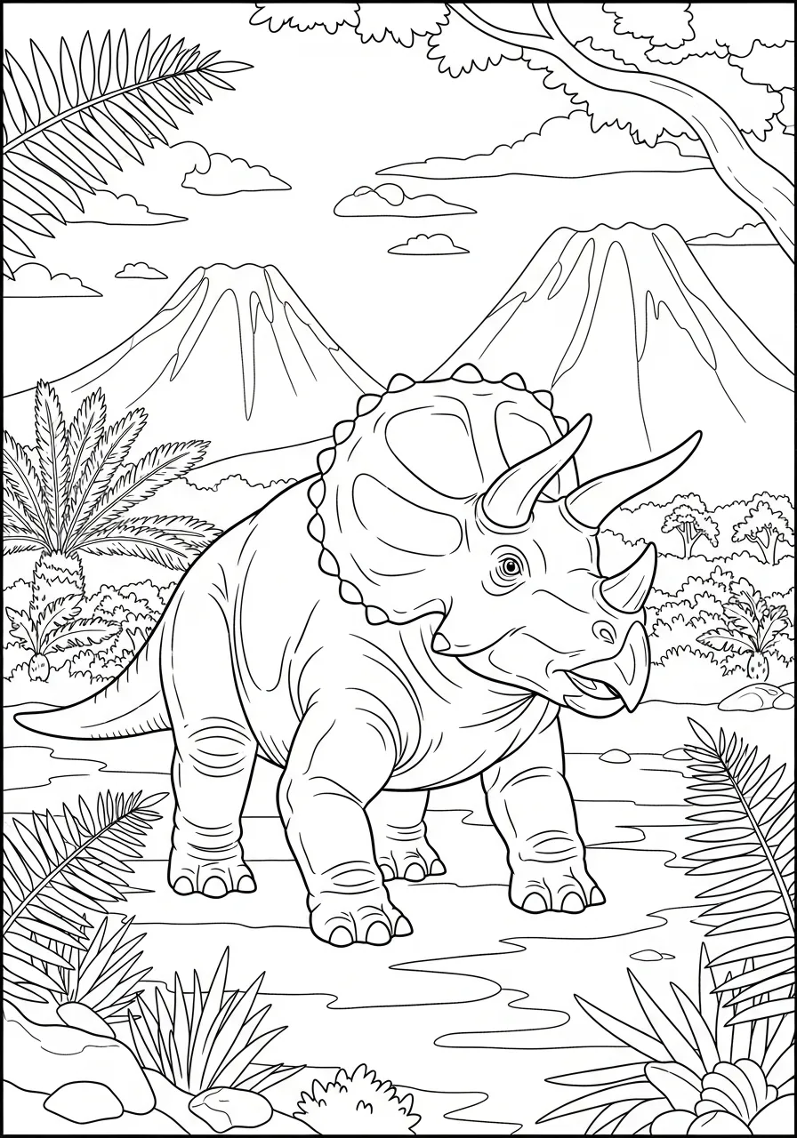 triceratops bij prehistorische vulkanen Kleurplaat