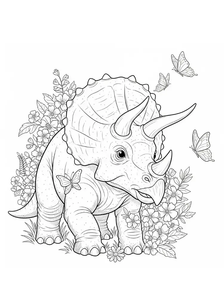 Kleurplaat Triceratops 17 triceratops met vlinders en bloemen kleurplaat