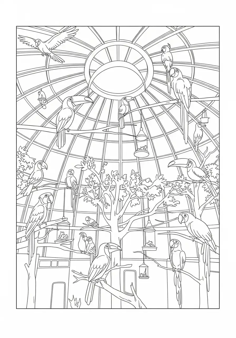 tropische vogels in voliere kleurplaat