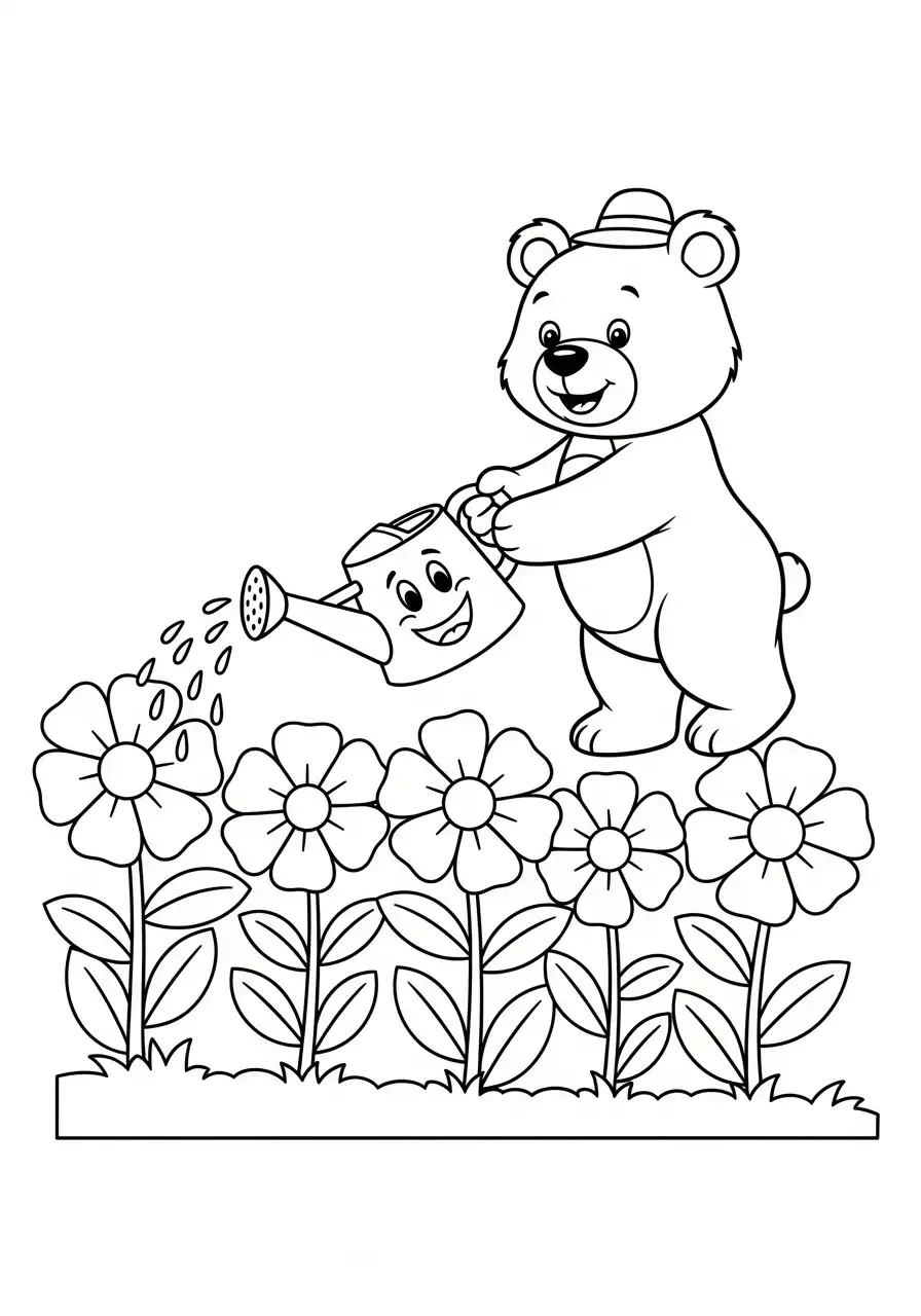 Kleurplaat Beer 10 tuinier beer gieter bloemenveld kleurplaat
