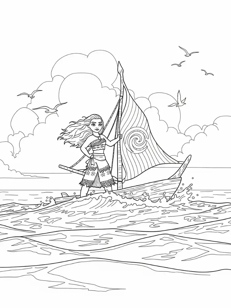 Vaiana coloring page 10 Vaiana on her boat coloring page