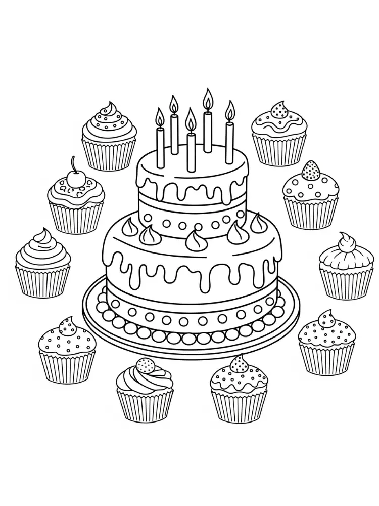 kleurplaat verjaardagstaart 10 verjaardagstaart cupcakes kaarsjes kleurplaat