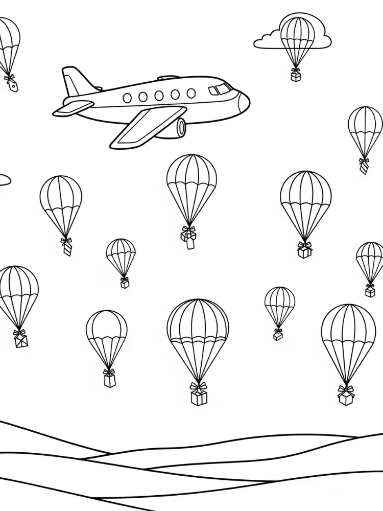 Vliegtuig Kleurplaat 21 vliegtuig dropt cadeautjes met parachute kleurplaat