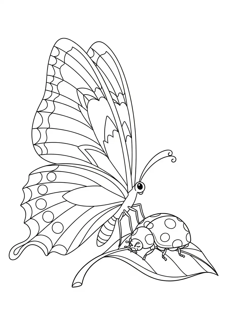 vlinder en lieveheersbeestje op blad kleurplaat