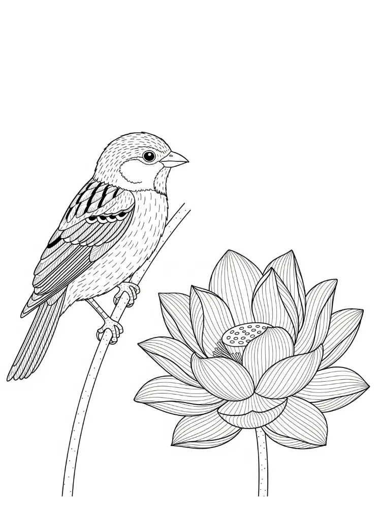 Lotus Kleurplaat 13 vogel op tak met lotus kleurplaat