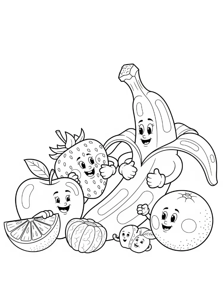 Banaan Kleurplaat 14 vrolijke fruitvrienden met banaan kleurplaat
