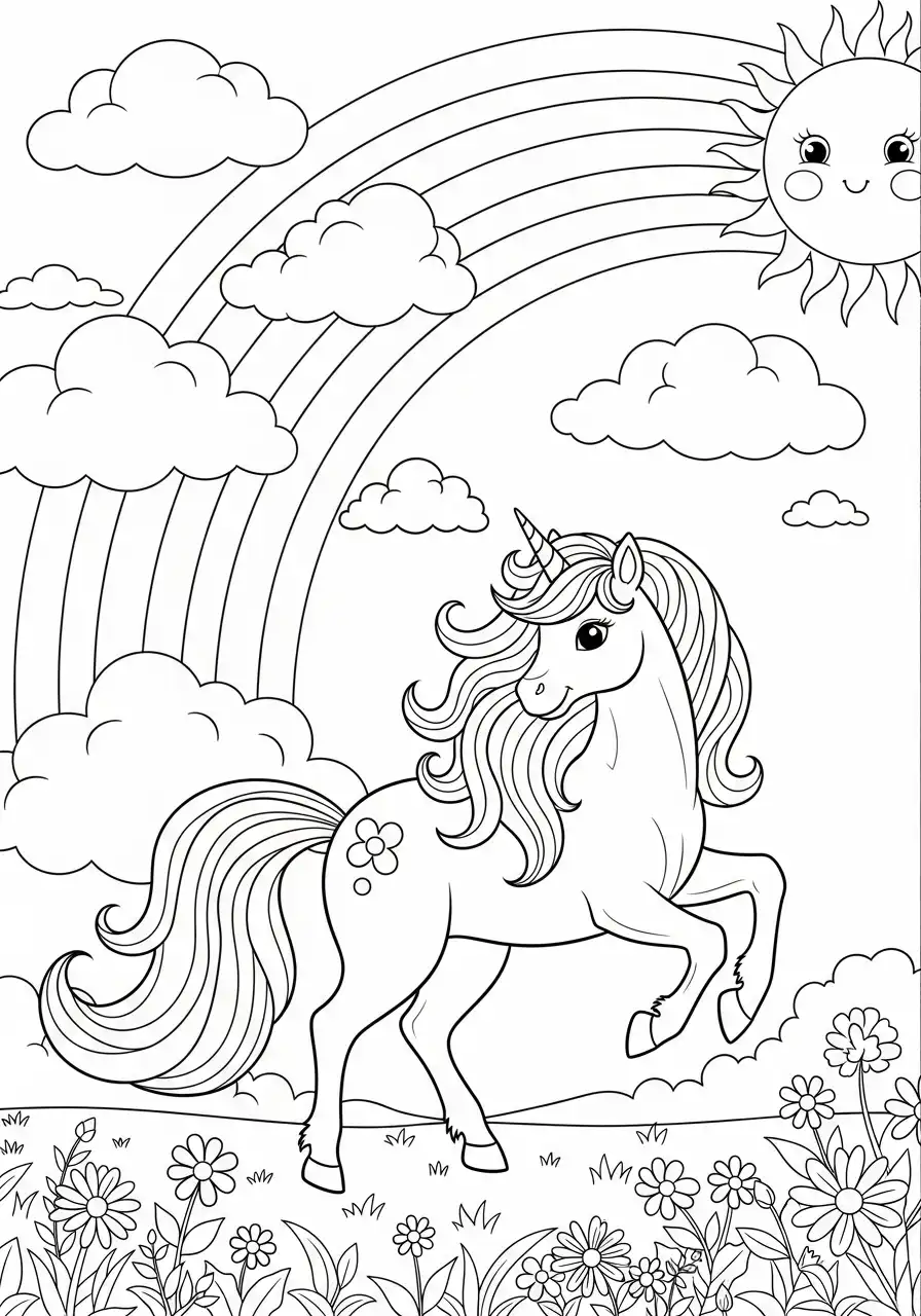 Kleurplaat Unicorn Regenboog 9 vrolijke unicorn in de bloementuin kleurplaat