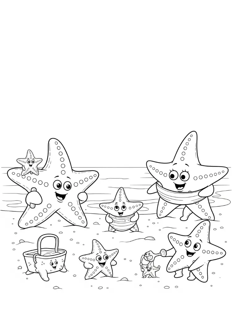 Kleurplaat van Strand 17 vrolijke zeesterrenfamilie op het strand kleurplaat