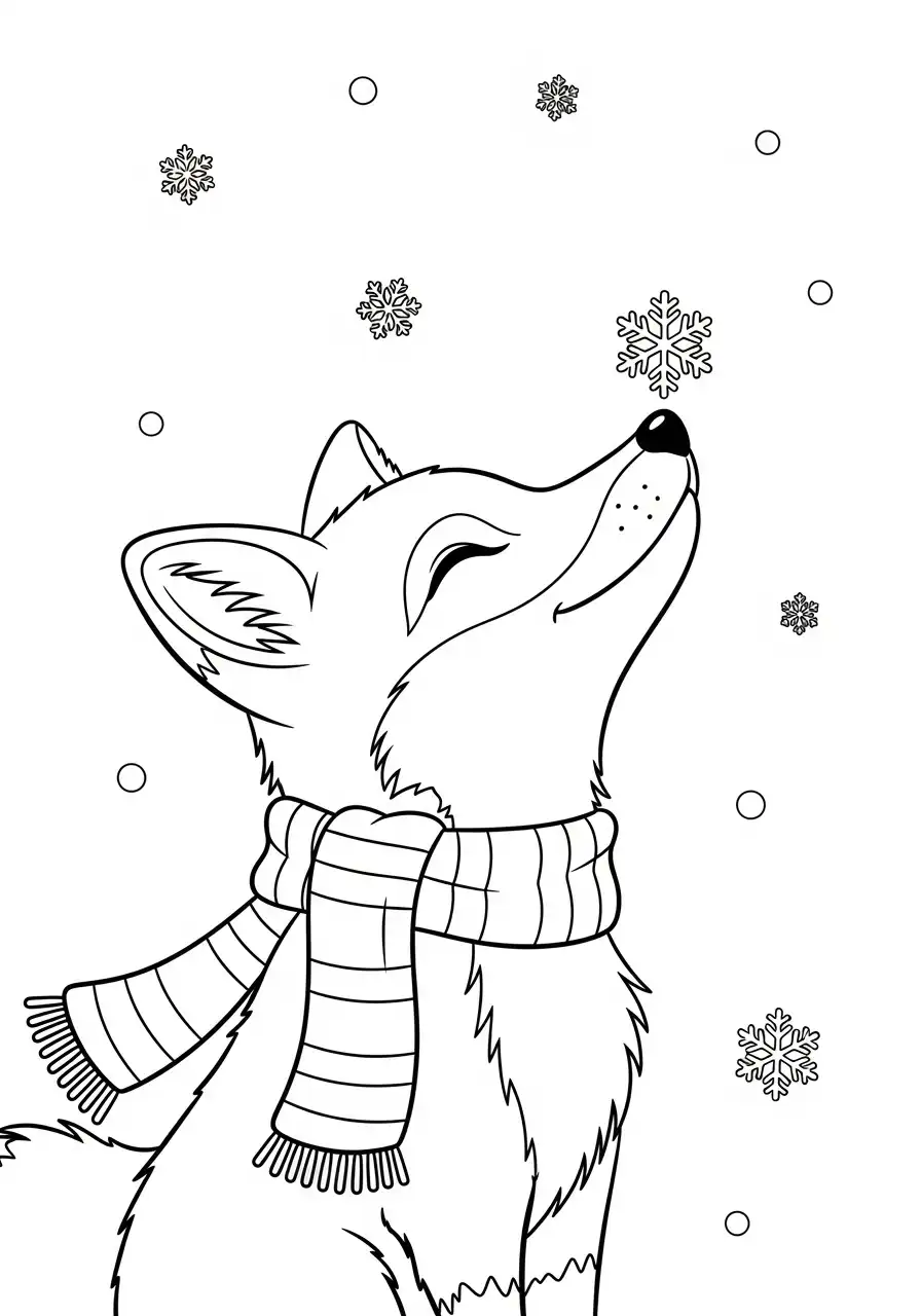 winter vos met sjaal vangt sneeuwvlokken kleurplaat