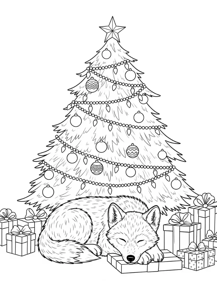 Wolf kleurplaat 14 wolf slaapt onder kerstboom kleurplaat
