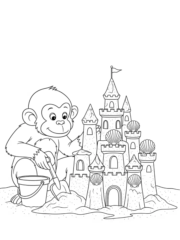 Kleurplaat Aap 14 zandkasteel bouwende aap op strand kleurplaat
