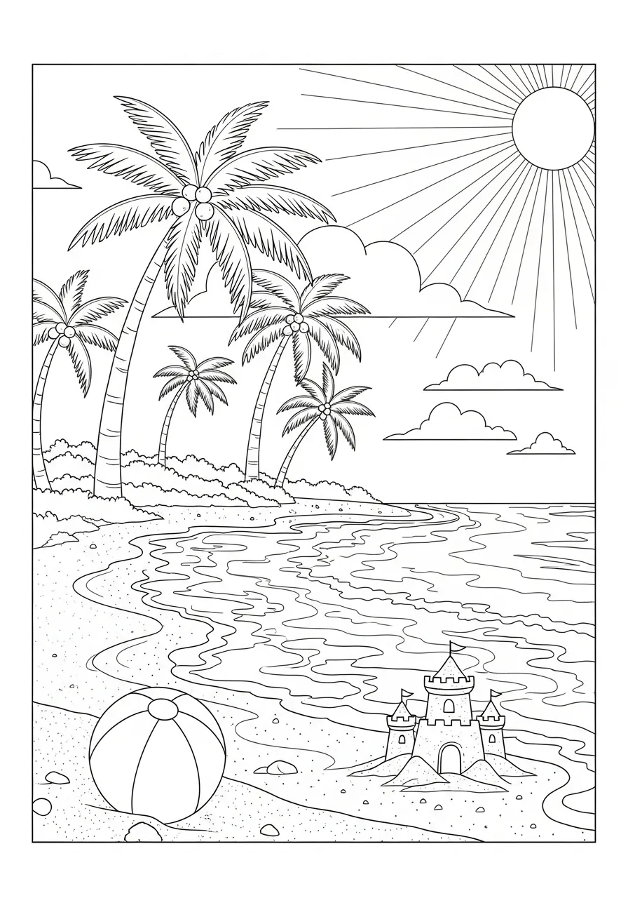 zonnig strandavontuur met palmomen en zandkasteel Kleurplaat