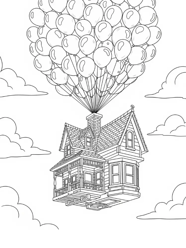 Kleurplaat Huis 14 zwevend huis met ballonnetjes in de lucht kleurplaat