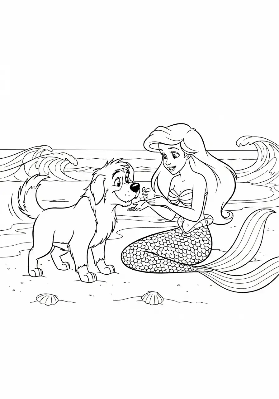 ariel en hond op strand kleurplaat