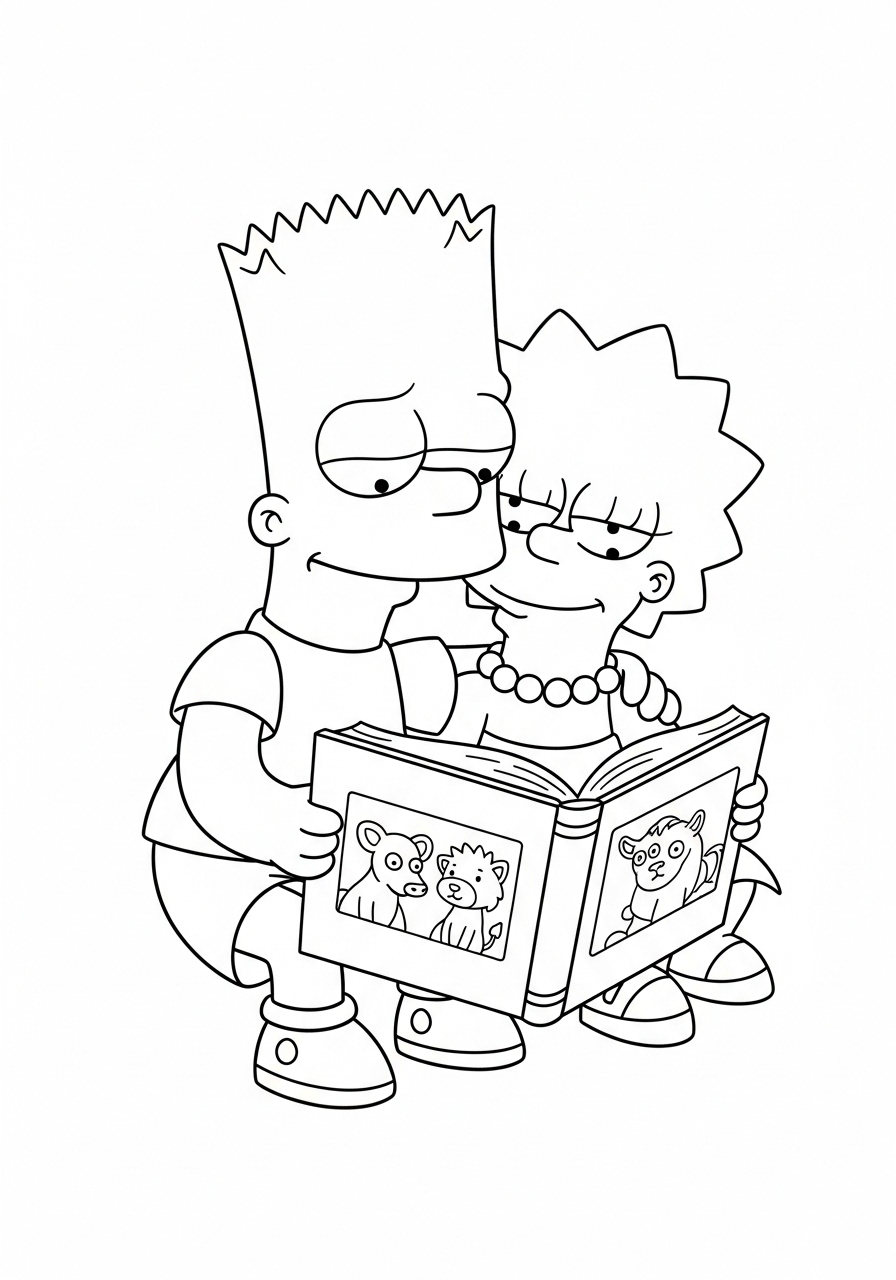 Bart Simpson Kleurplaat 21 bart simpson leest boek met lisa kleurplaat