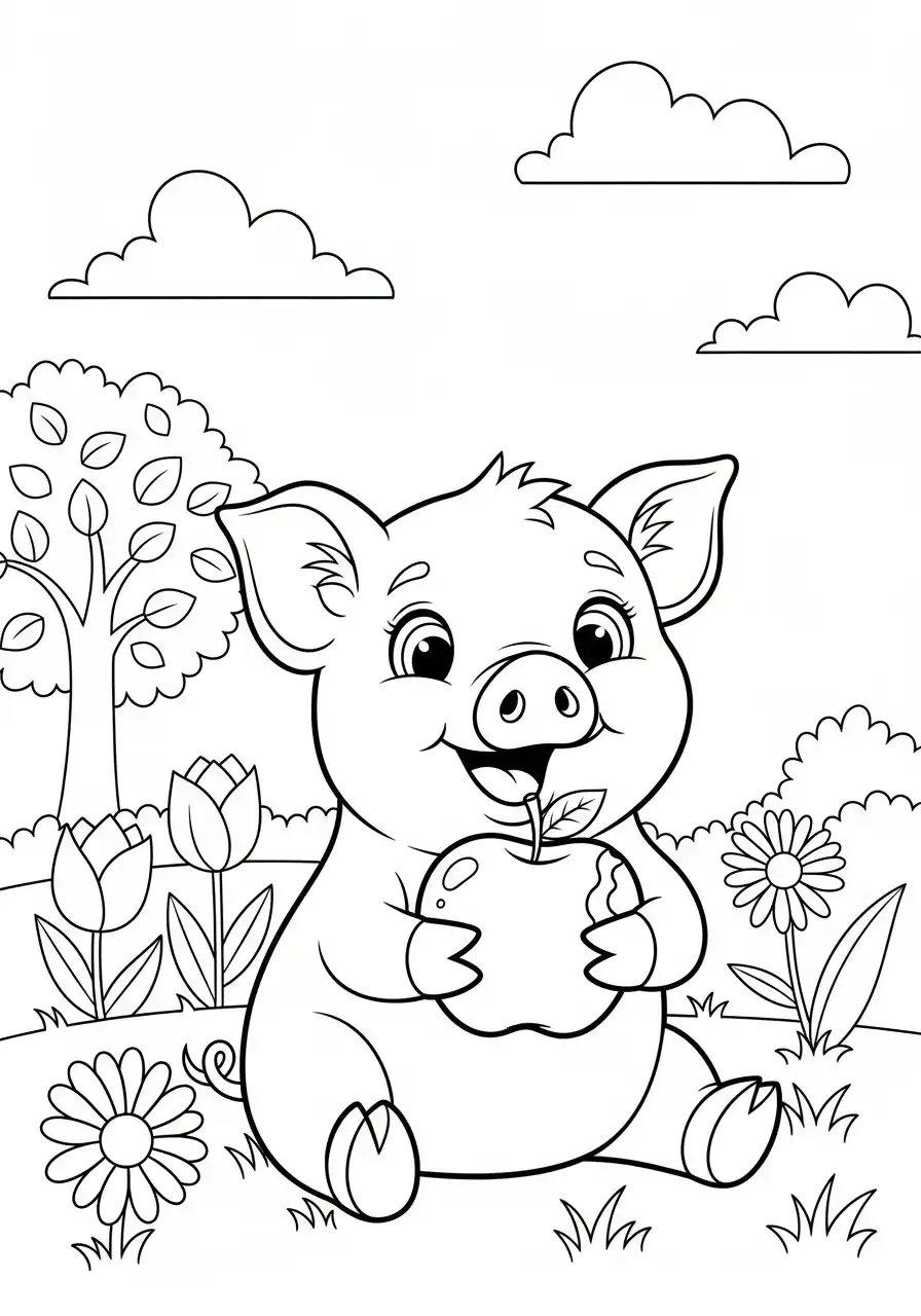 blij biggetje met appel in de wei kleurplaat