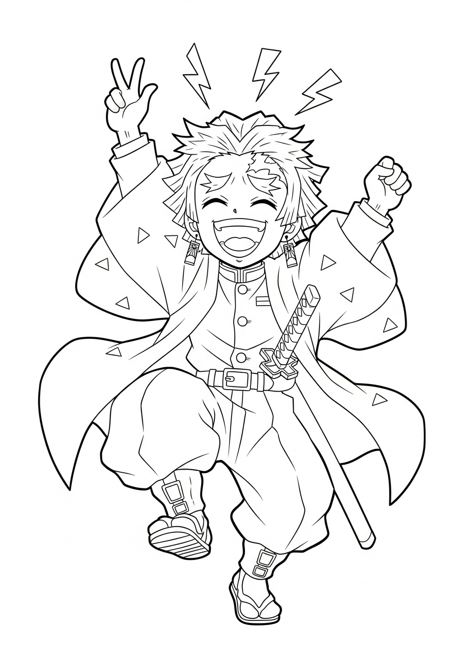 Kleurplaat Zenitsu 8 blije zenitsu springt kleurplaat