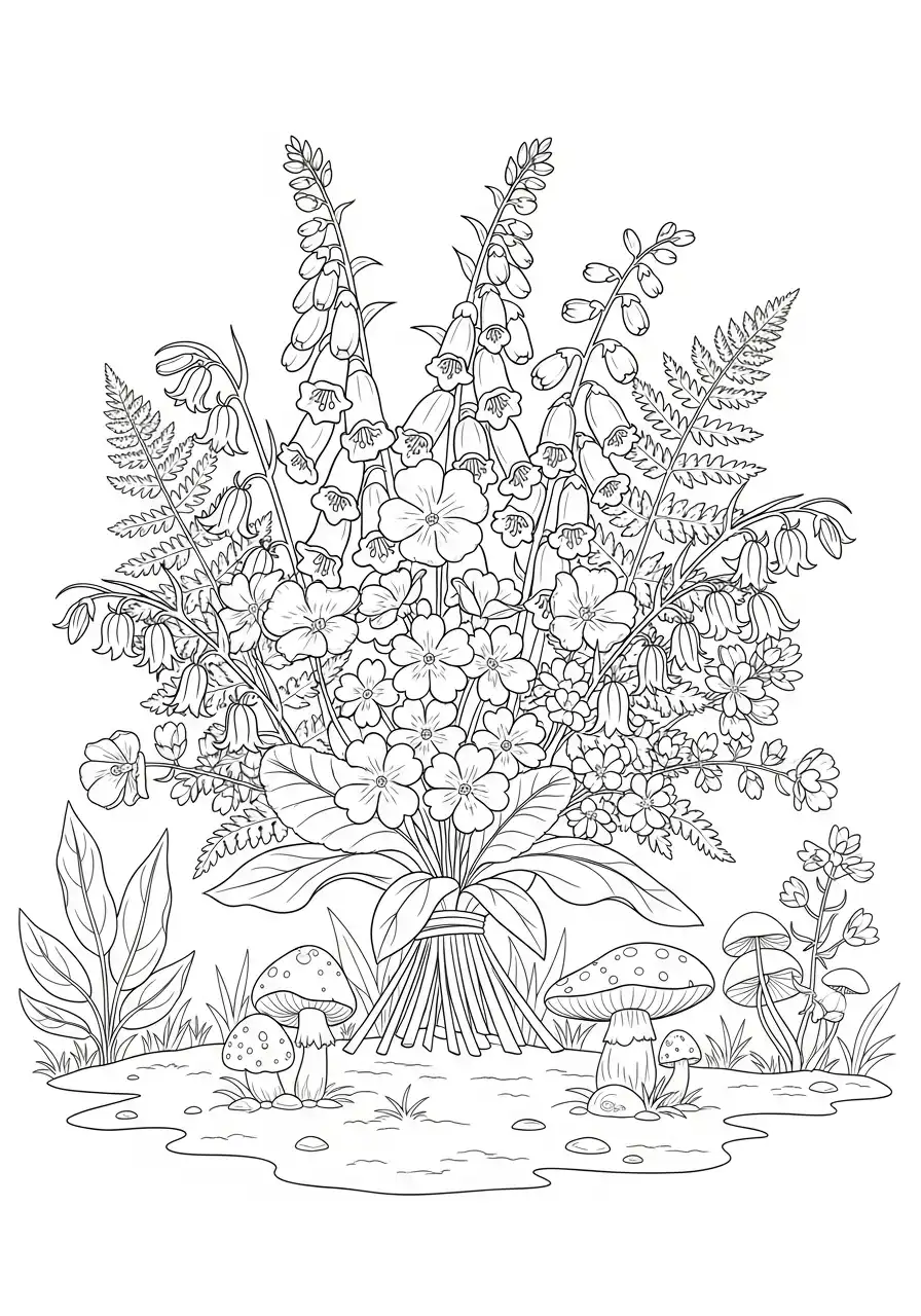 bloemenbos met paddenstoelen kleurplaat