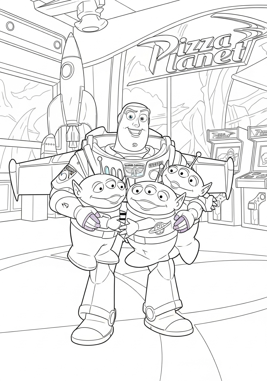Buzz Lightyear kleurplaat 16 buzz lightyear met aliens bij pizza planet kleurplaat