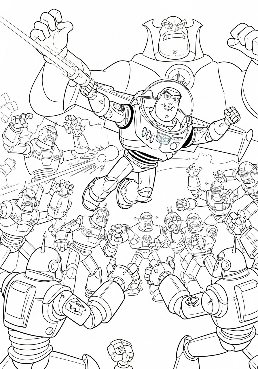 Buzz Lightyear kleurplaat 9 buzz lightyear vecht tegen zurg en robots kleurplaat