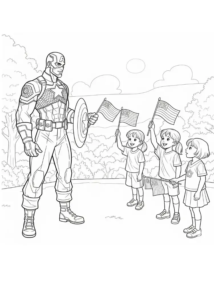 Kleurplaat Captain America 9 captain america en kinderen met vlaggen kleurplaat