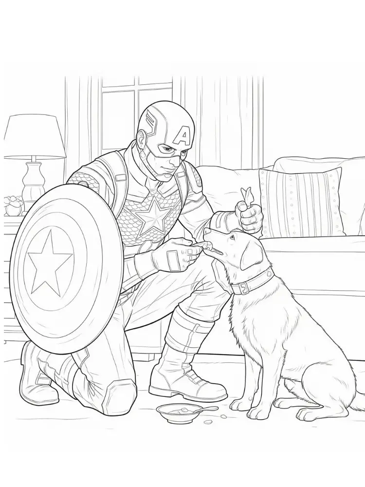 Kleurplaat Captain America 26 captain america met hond thuis kleurplaat