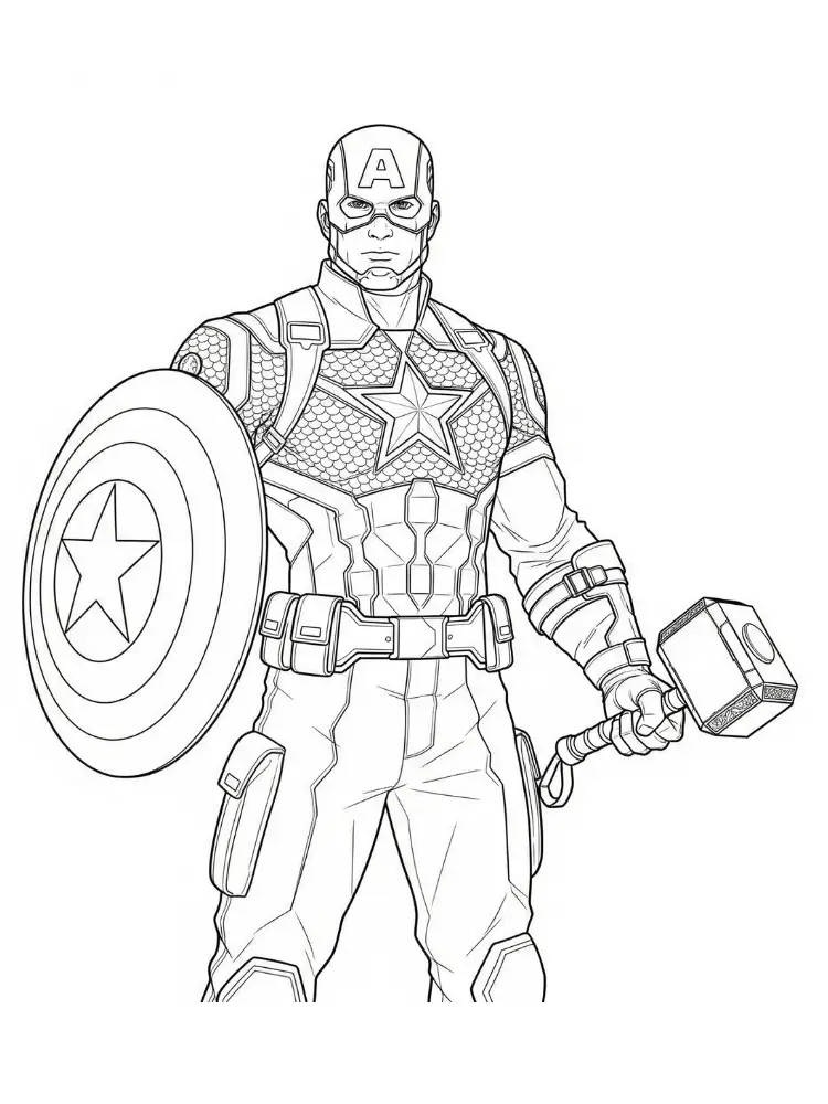 Kleurplaat Captain America 23 captain america met mjolnir en schild kleurplaat