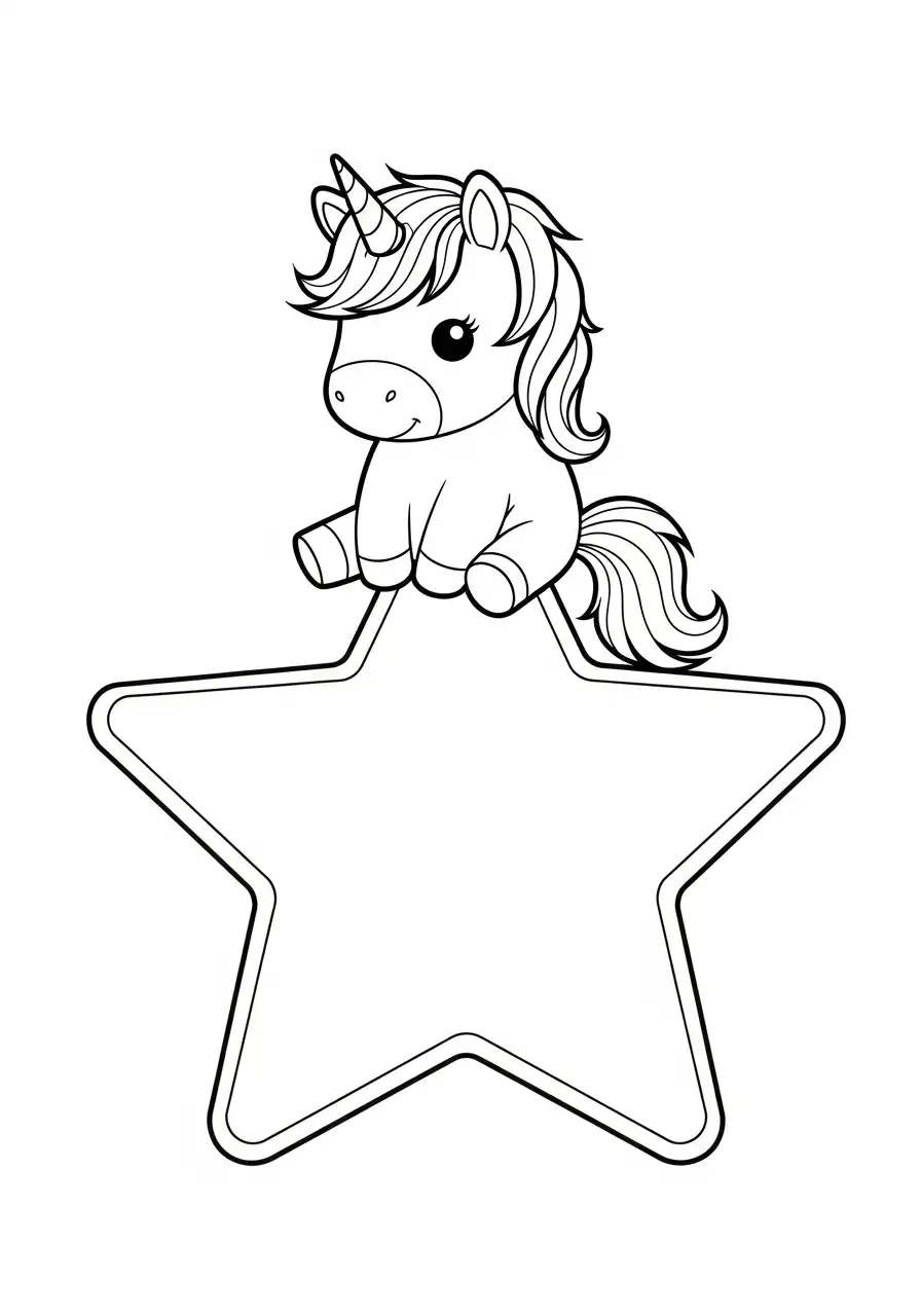 chibi eenhoorn zittend op ster label kleurplaat