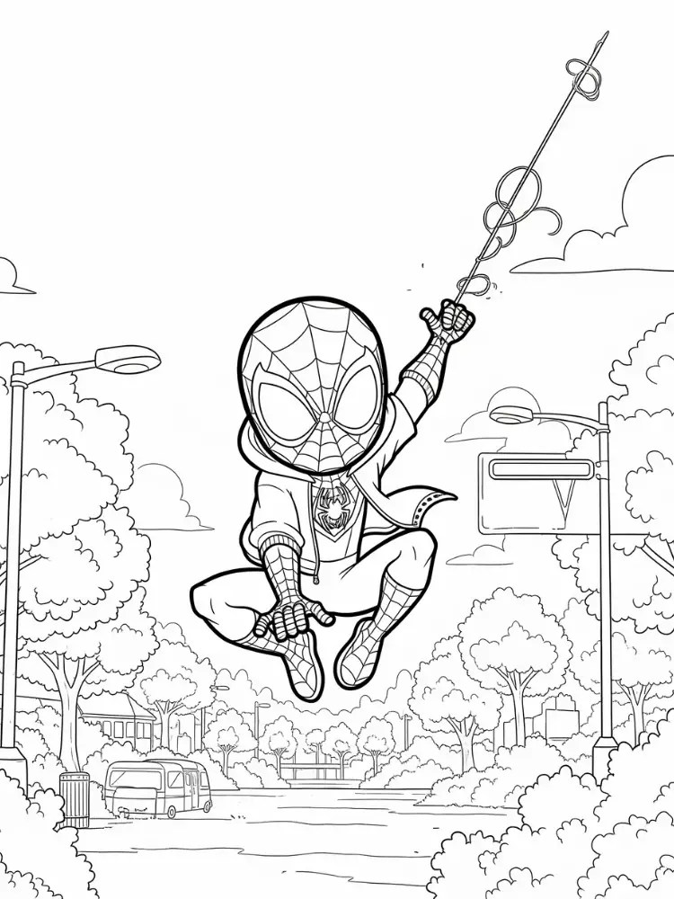 Kleurplaat Miles Morales 24 chibi miles morales slingert door park kleurplaat