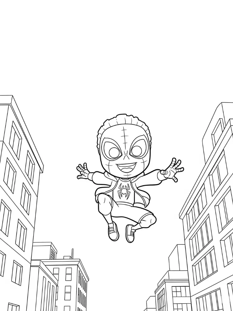 Kleurplaat Miles Morales 23 chibi miles morales springend in stad kleurplaat
