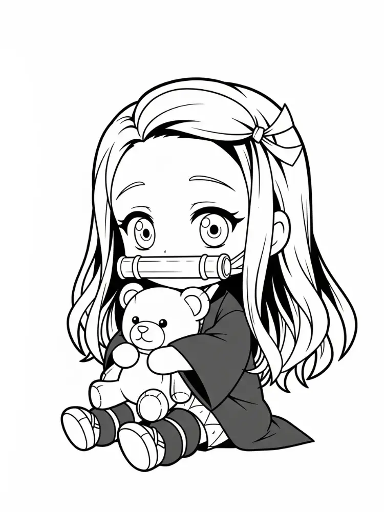 Kleurplaat Nezuko 9 chibi nezuko met knuffelbeer kleurplaat