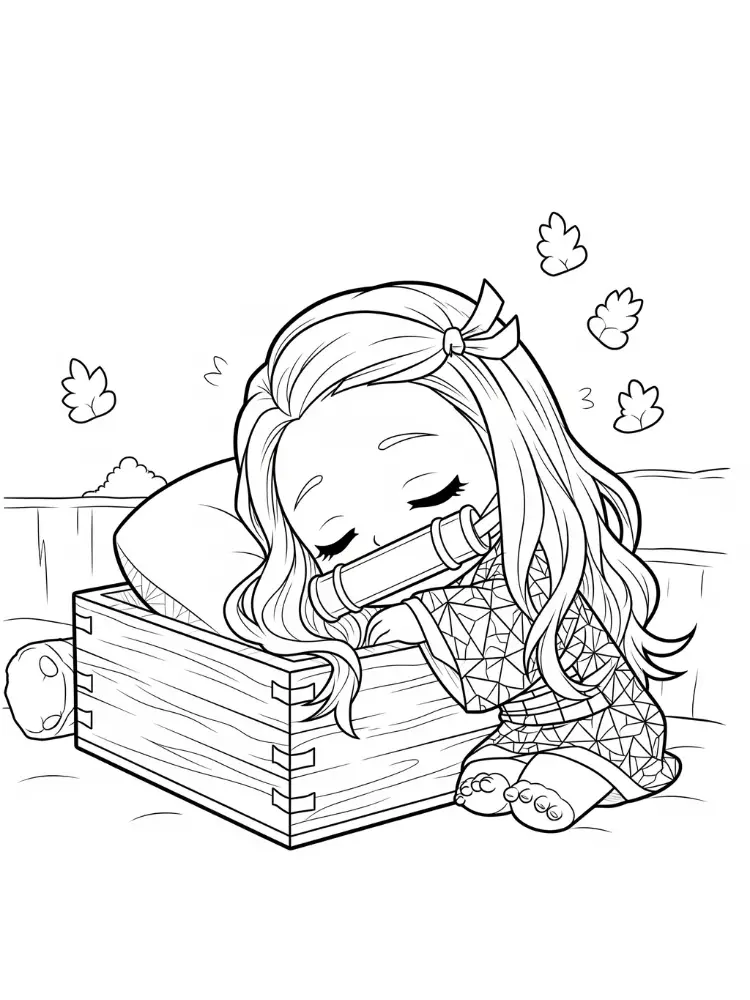Kleurplaat Nezuko 10 chibi nezuko slapend in houten kist kleurplaat