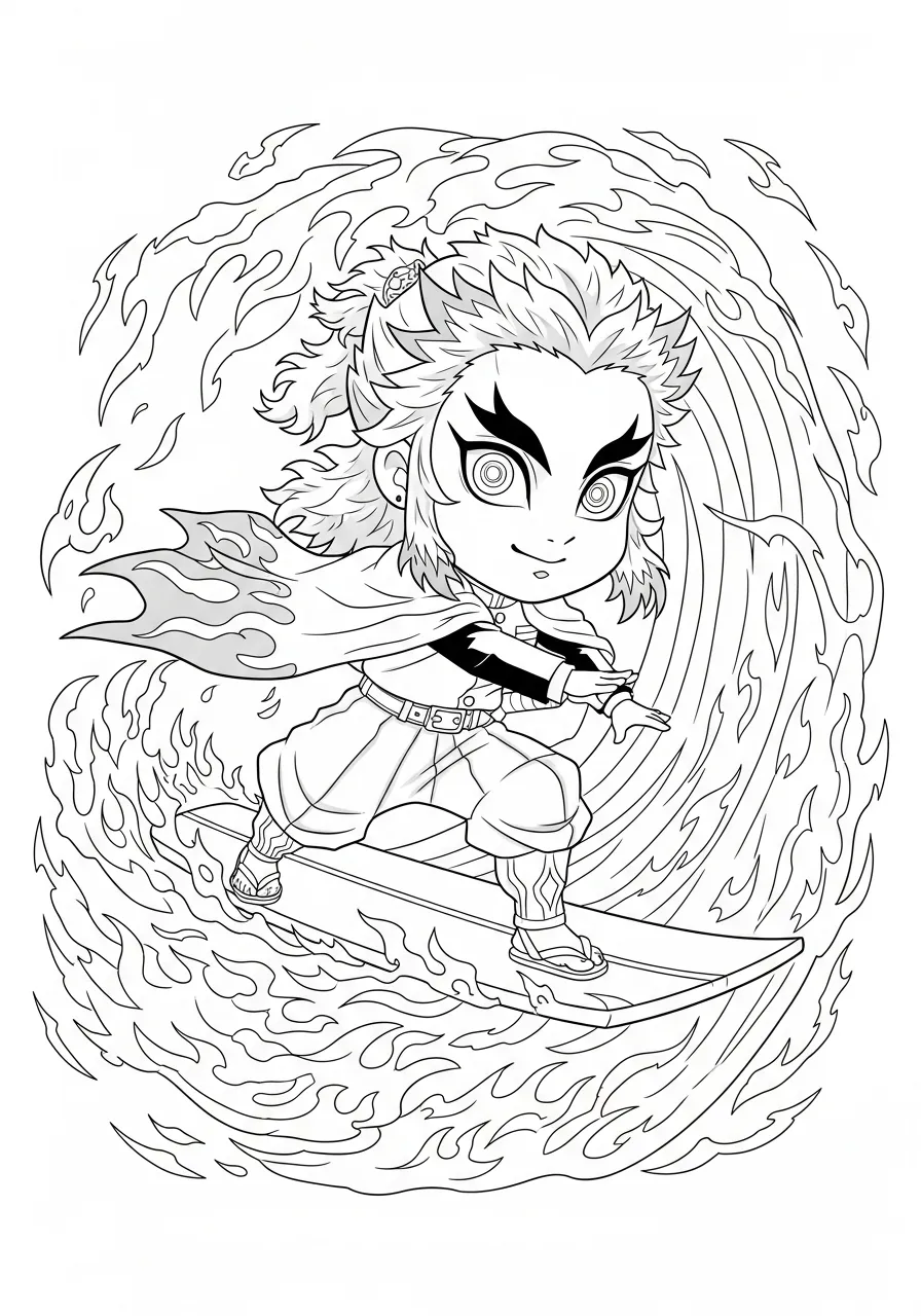 Kleurplaat Rengoku 8 chibi rengoku op vuur golf kleurplaat