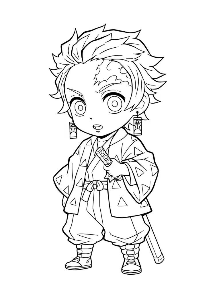Kleurplaat Tanjiro 8 chibi tanjiro met zwaard kleurplaat